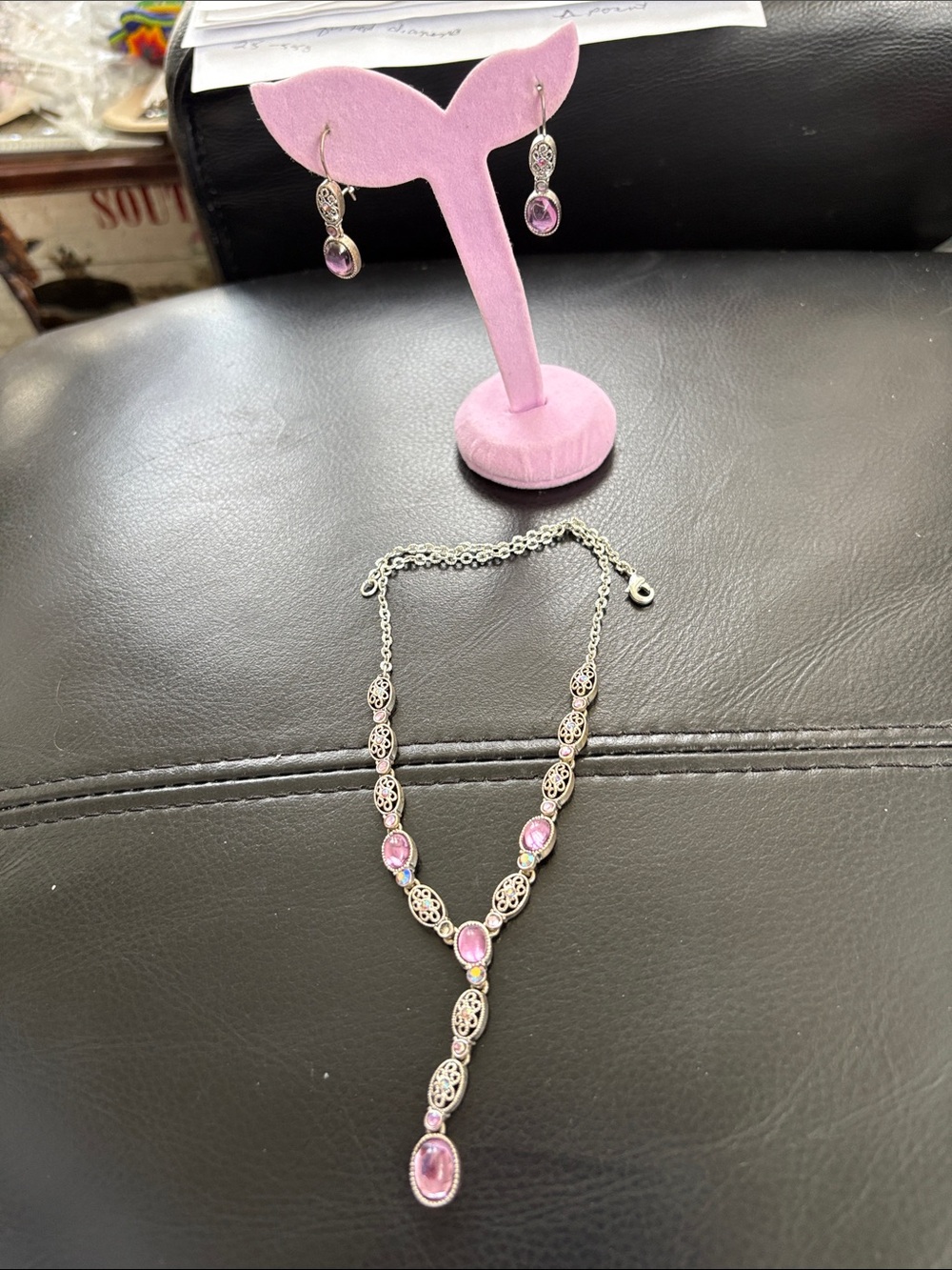 Vintage Avon Silver Plated Match Pink Gemstone Necklace and Earring Set Signed